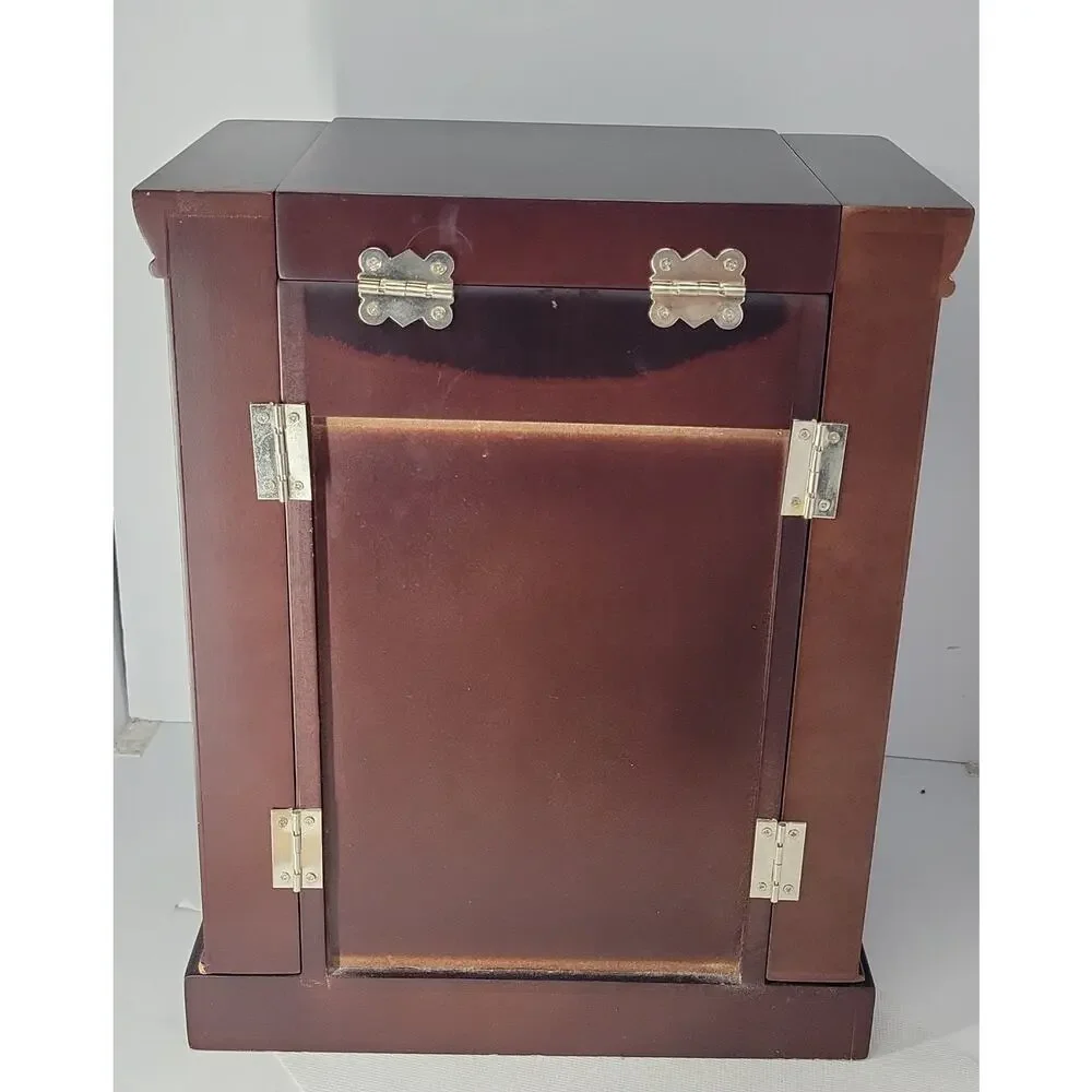Large Wood Jewelry Box Armoire Mirror 5 Drawers Side Doors Necklace Storage